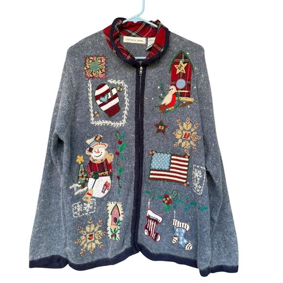 Victoria Jones Sweater Womens XL Blue Zip Cardigan Holiday Christmas Applique - Picture 1 of 10
